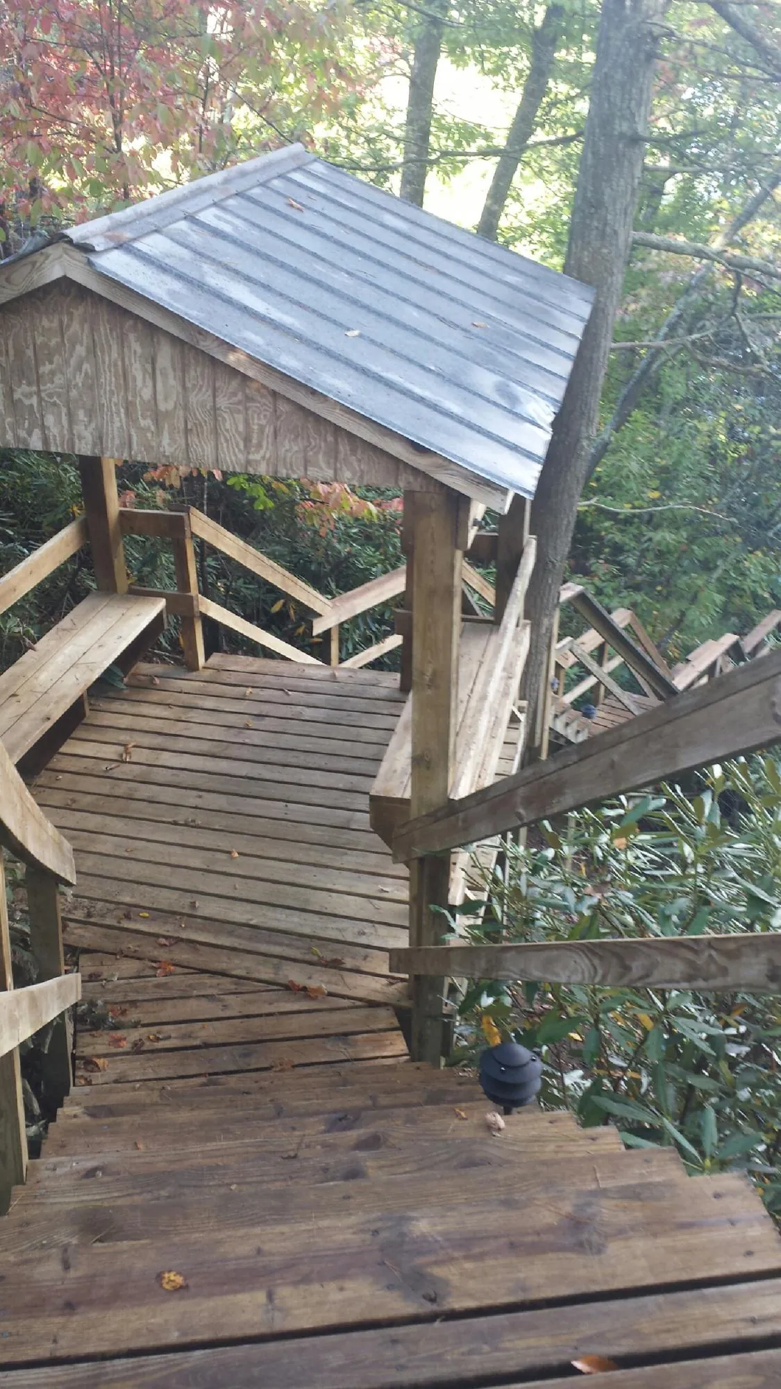 Metal roofed shelter over wooden steps on a wooded walkway — Skylight Repair & Installation work by our crew in Bellona